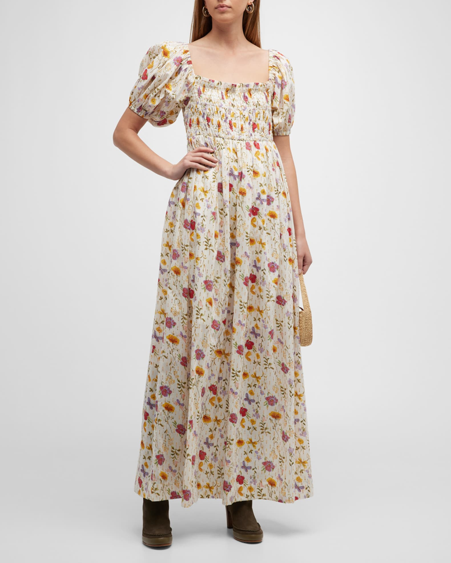 EDDY Aurora Lurex Puff-Sleeve Empire Maxi Dress | Neiman Marcus