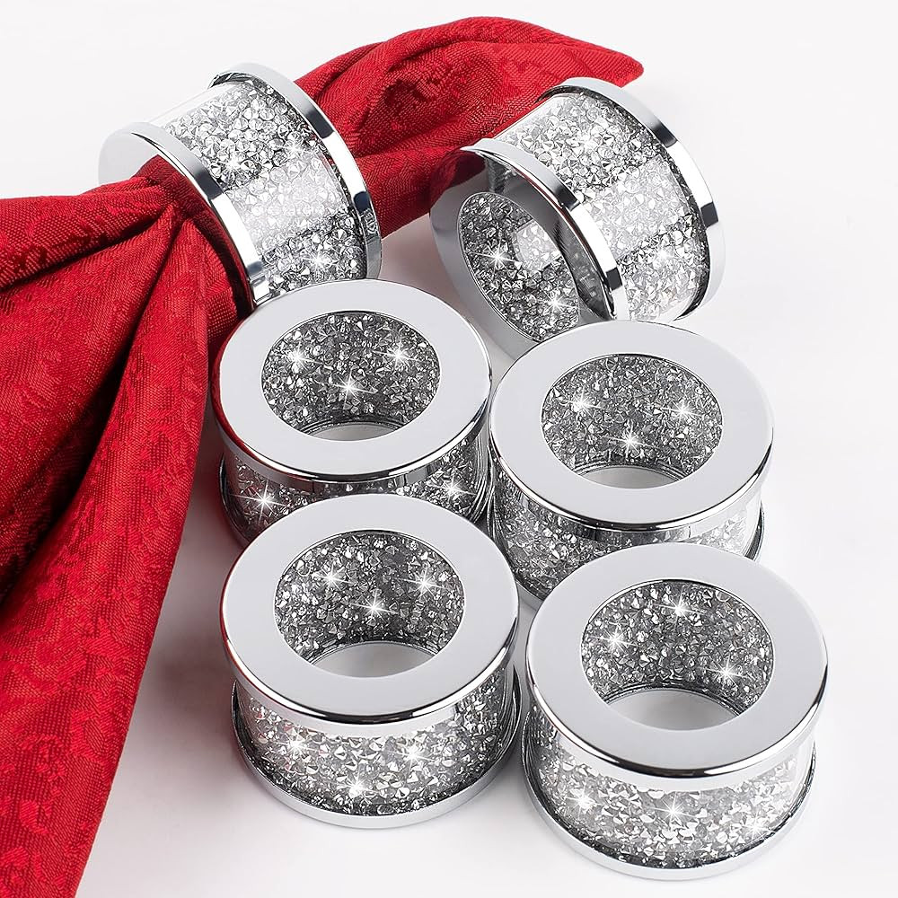SHYFOY Silver Diamond Glass Napkin Ring Set of 6 Glass Framed Crystal Silver Napkin Holders, Glam... | Amazon (US)