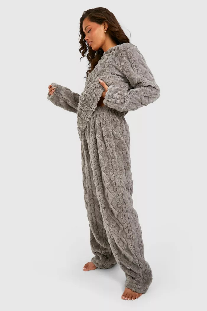 Cable Knit Fleece Lounge Wide Leg Pants | boohoo (US & Canada)