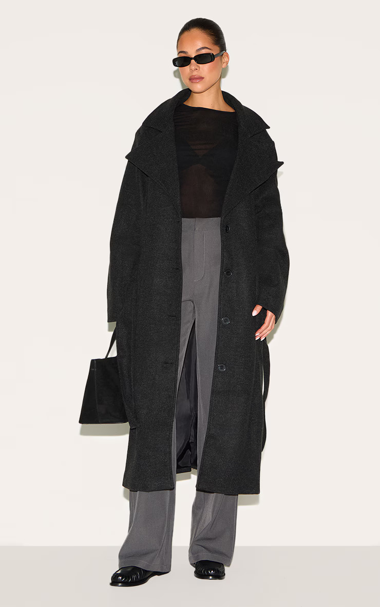 Black Oversized Wool Look Trench Coat | PrettyLittleThing UK