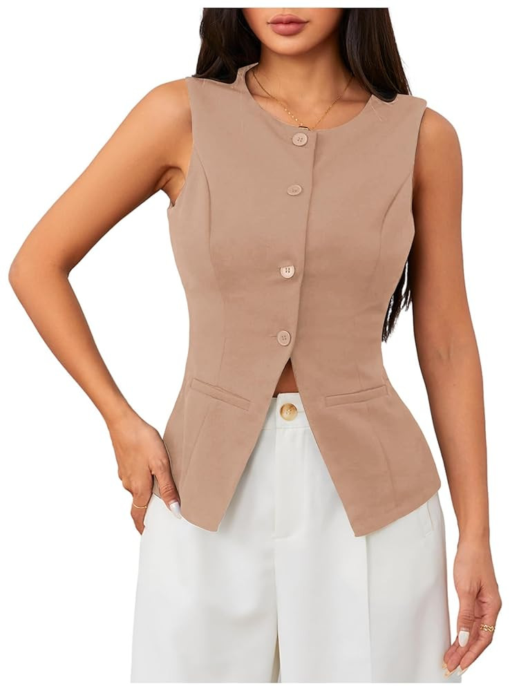MakeMeChic Women's Vest Top Sleeveless Blazer Split Hem Button Down Dressy Suit Vest Outerwear Waistcoat | Amazon (US)