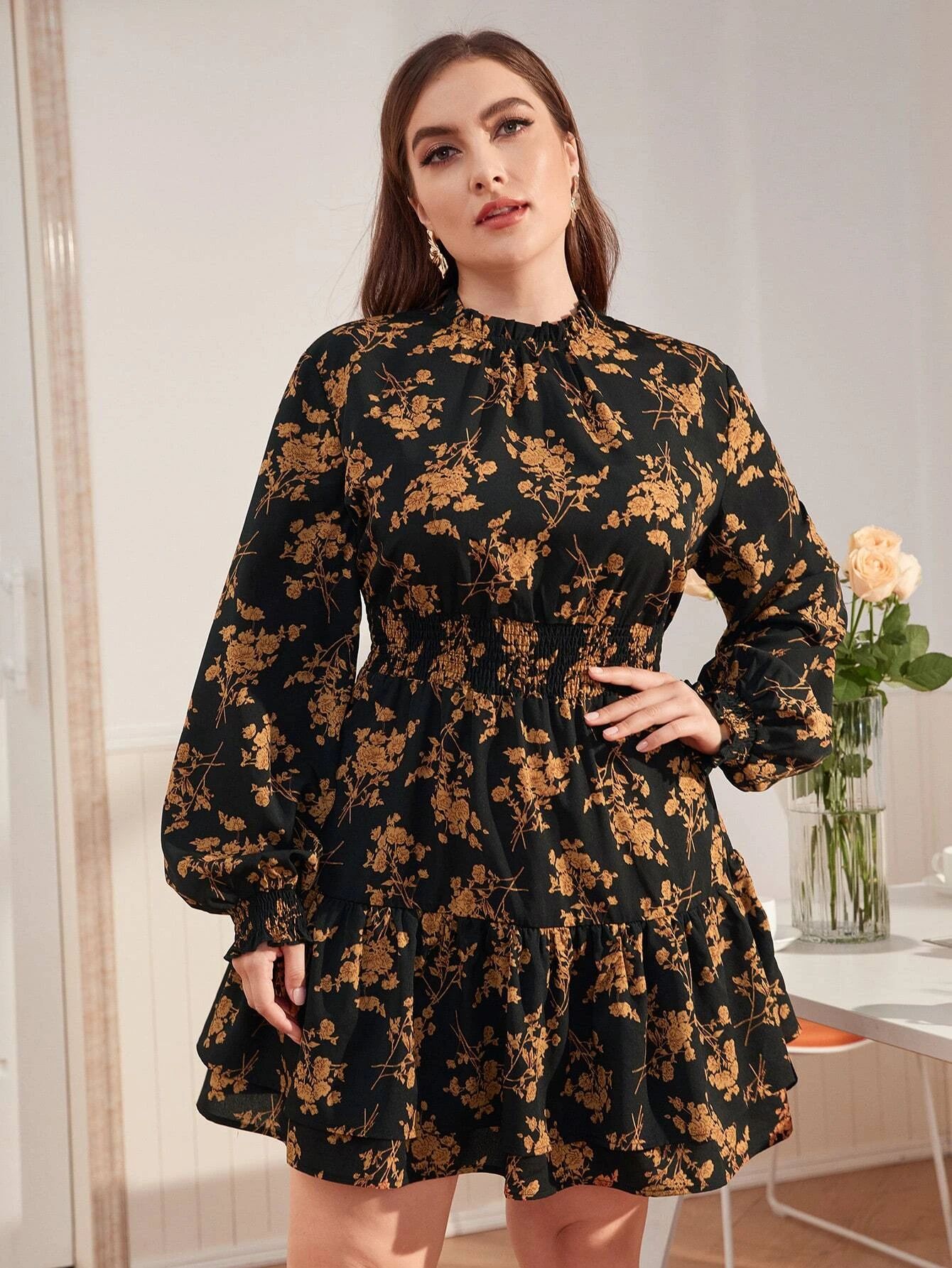 SHEIN Clasi Plus Frilled Neck Shirred Panel Lantern Sleeve Floral Dress | SHEIN