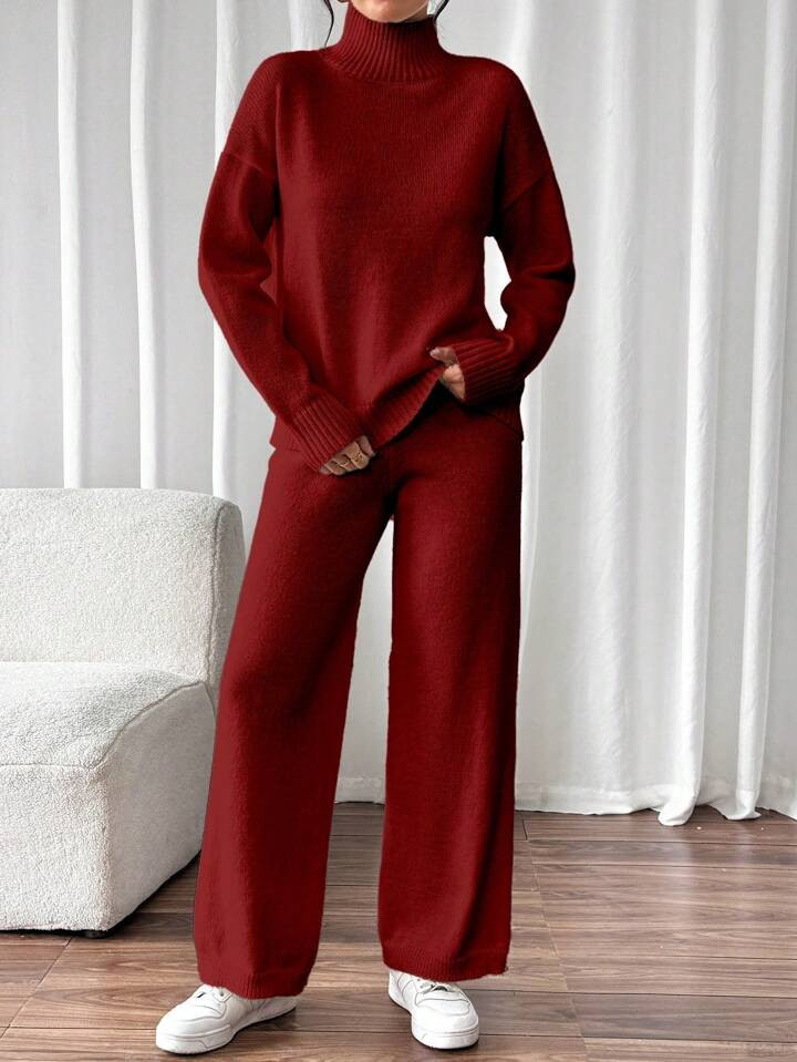 SHEIN ChicEase 2pcs Set Casual Solid Color Drop Shoulder Turtleneck Sweater And Pants, Suitable F... | SHEIN