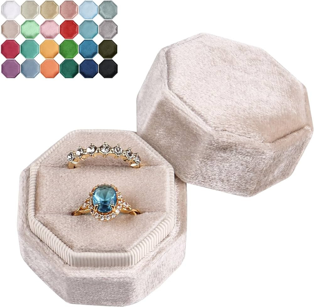JIDUO Octagon Velvet Ring Box for Proposal 2 Slots Wedding Storage Jewelry Boxes, Perfect Engagem... | Amazon (US)