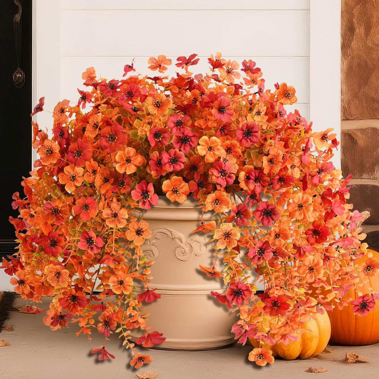 INQCMY Artificial Fall Flowers for Outdoors Fake Mums Hanging Flowers Plants 2Pcs UV Resistant Faux Flowers for Porch Patio Outdoor Decor Home Decor (Orange Autumn Red) | Amazon (US)