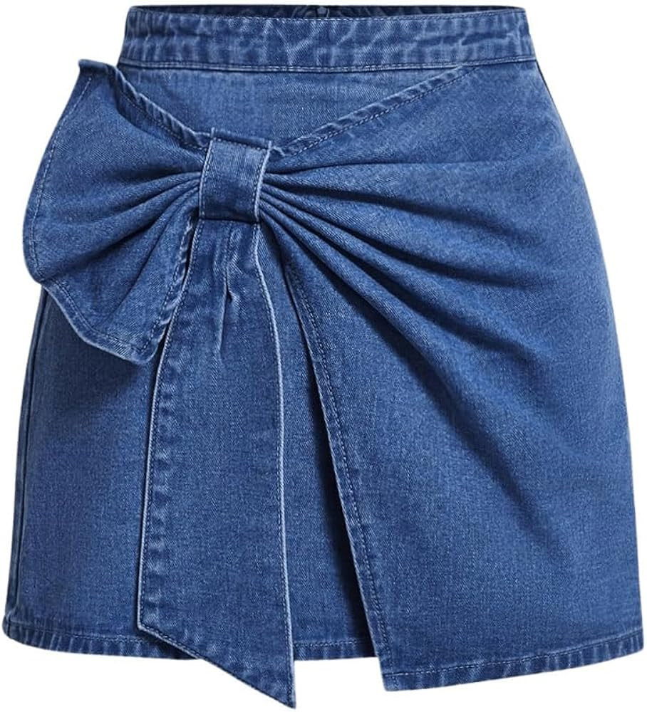 Floerns Women's High Waisted Big Bow Wrap Front Mini Bodycon Denim Skirts | Amazon (US)