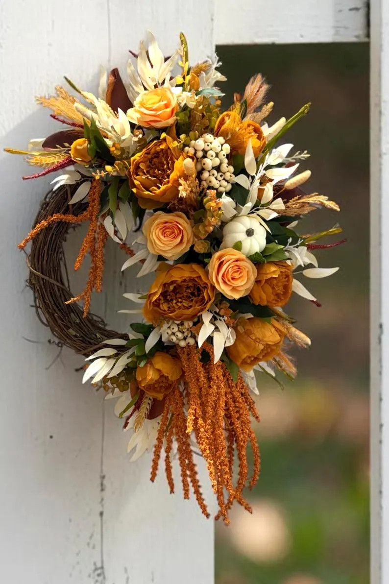 Fall Pumpkin Wreath for Front Door /autumn Orange Peony Wreath/ Fall Orange Rose Wreath/ Fall Whi... | Etsy (Global)