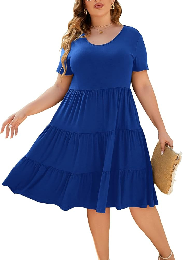 Younrui Women's Plus Size Casual Summer Tiered Dresses Short Sleeve Scoop Neck Ruffle Hem Loose F... | Amazon (US)