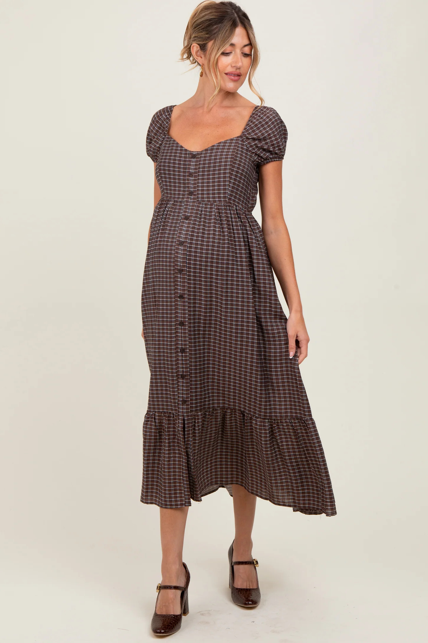 Brown Plaid Puff Sleeve Button Down Maternity Maxi Dress | PinkBlush Maternity