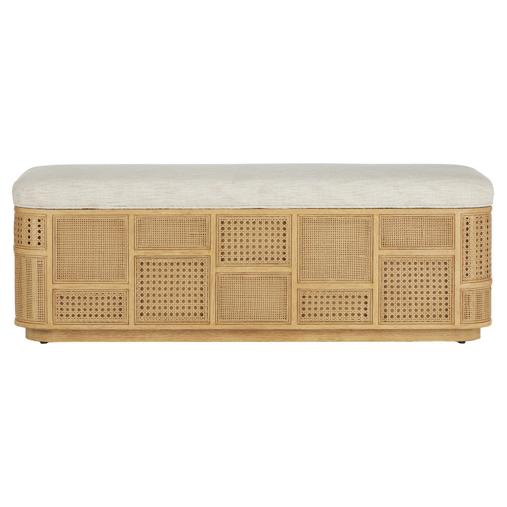 Elaina Coastal Natural Oak Wood Beige Upholstered Seat Rattan Cane Storage Bench | Kathy Kuo Home