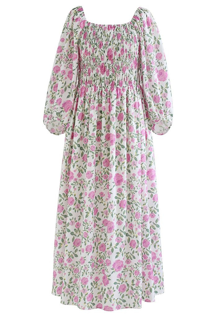 Flowery Field Off-Shoulder Shirred Midi Dress in Pink | Chicwish