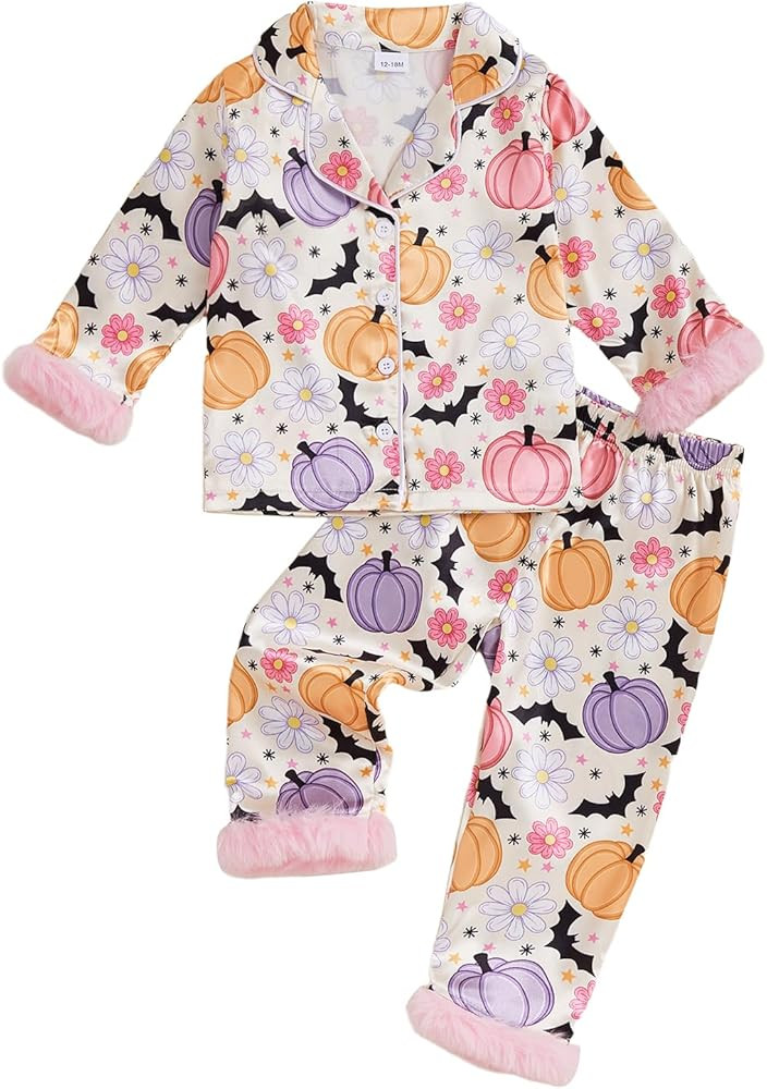 Kuriozud Kids Toddler Girl Satin Pajamas Fuzzy Trim Long Sleeve Button Down Shirt Top and Pants 2... | Amazon (US)