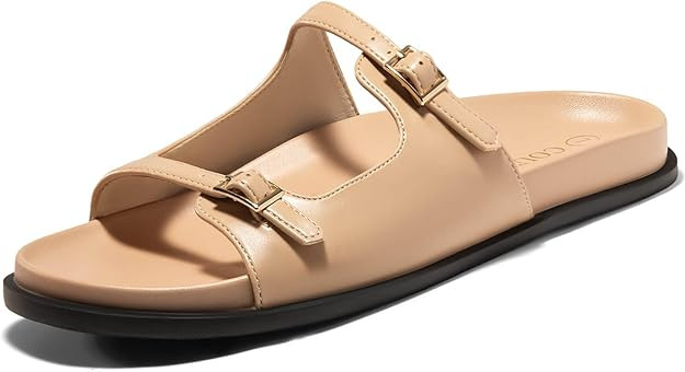 Coutgo Womens Flat Sandals Comfortable Wide Width Slides Double Strap Adjustable Buckle Slip on S... | Amazon (US)