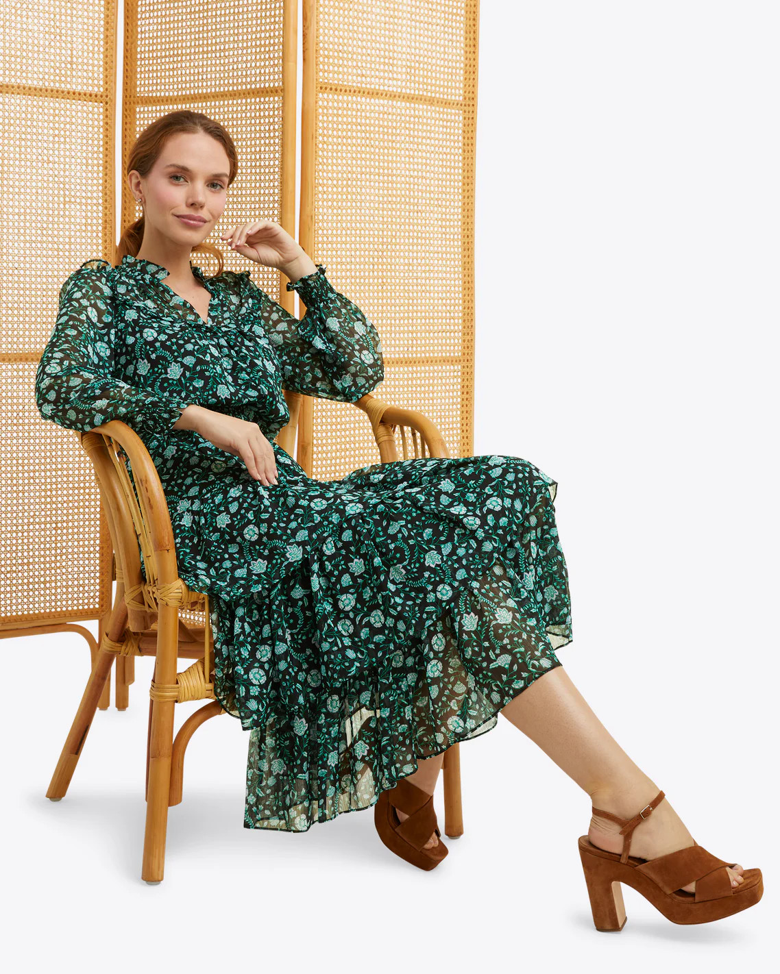 Long Sleeve Ruffle Top in Emerald Vine | Draper James (US)