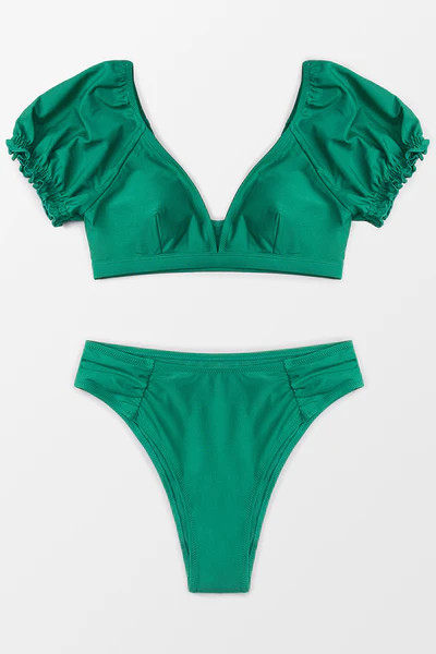 Puffed Sleeve V-Neck Bikini | Cupshe