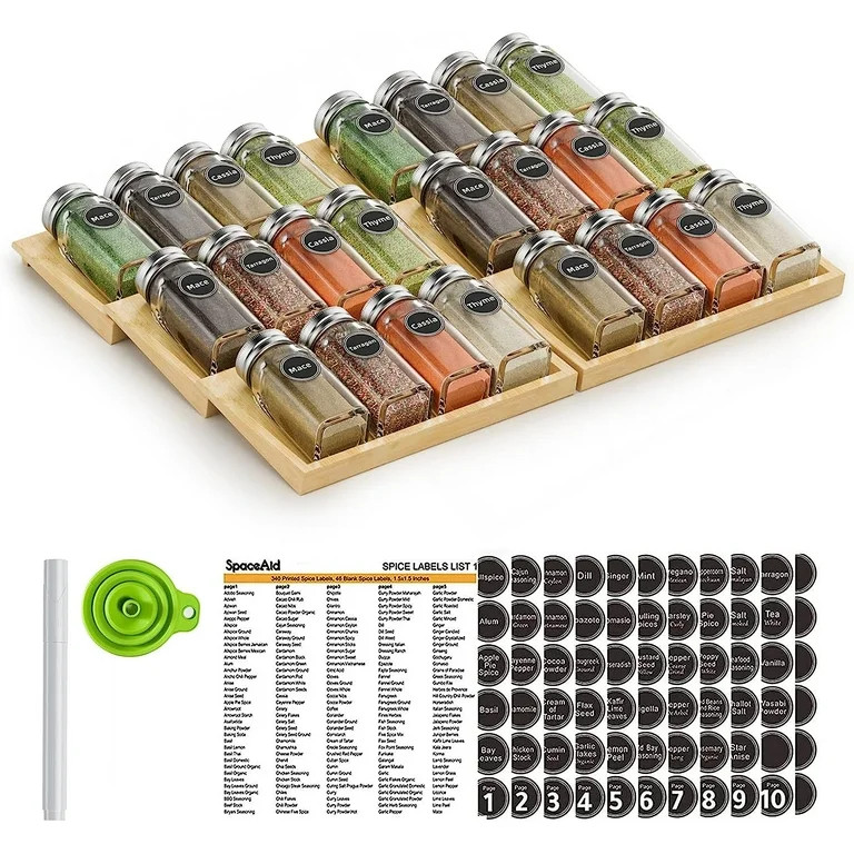 MinBoo Bamboo Spice Drawer Organizer with 24 Spice Jars, 432 Spice Labels with Chalk Marker and F... | Walmart (US)