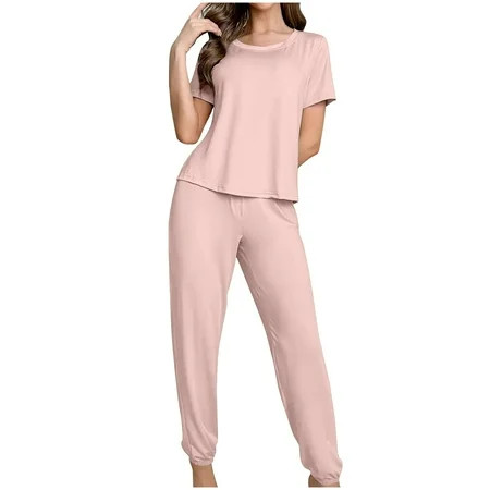 Lounge Sets for Women 2 Piece Comfy Smooth Casual Loungewear Pjs Fashion Short Sleeve Tops and Pants Homewear for Workout Yoga | Walmart (US)