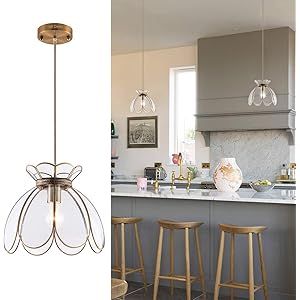 YIFI Deco Adjustable Pendant Light Brass Vintage Glass Lotus Flower Ceiling Pendant Light for Kitche | Amazon (US)