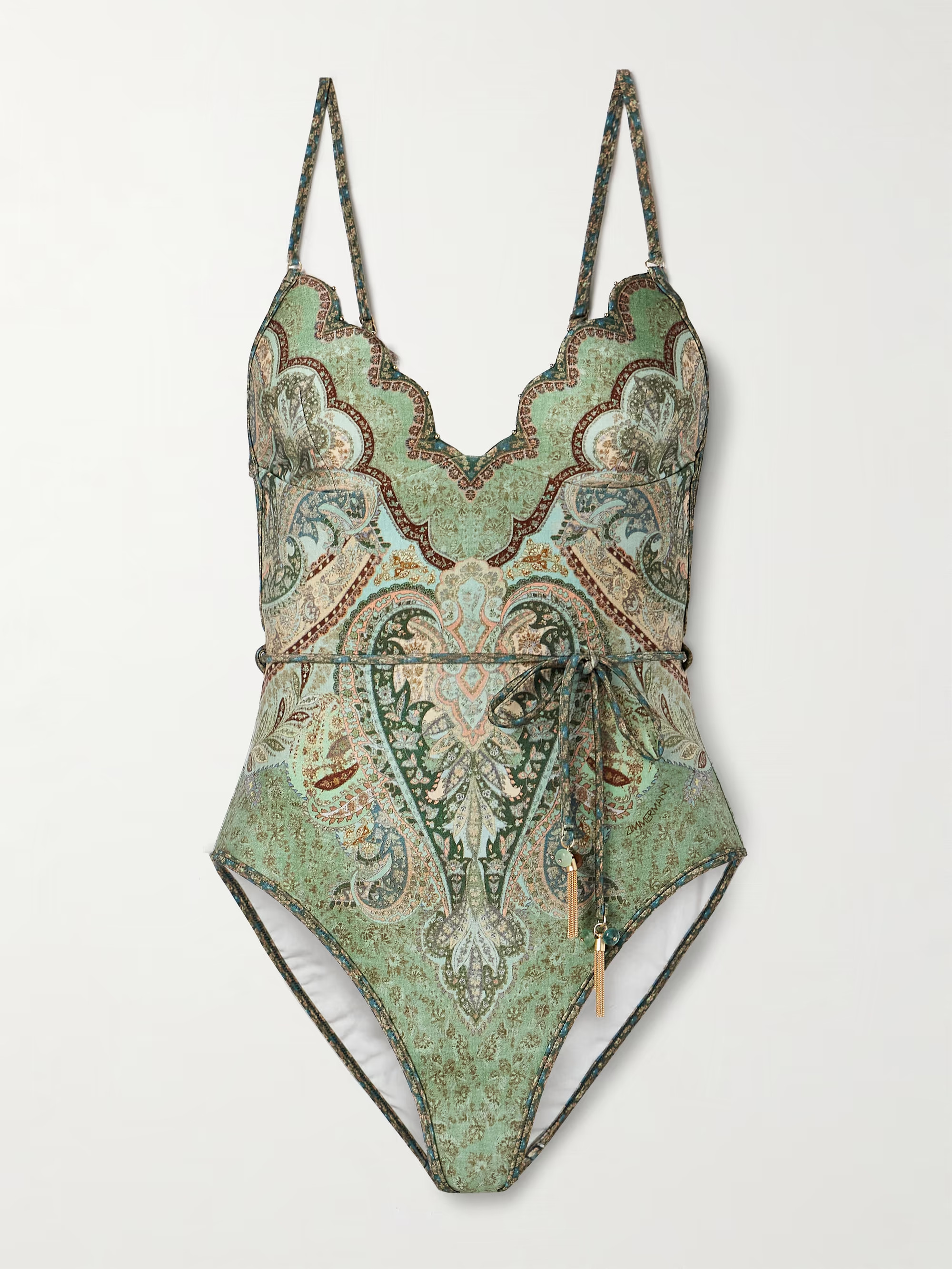 Wanderlust belted embellished scalloped printed swimsuit | NET-A-PORTER (US)