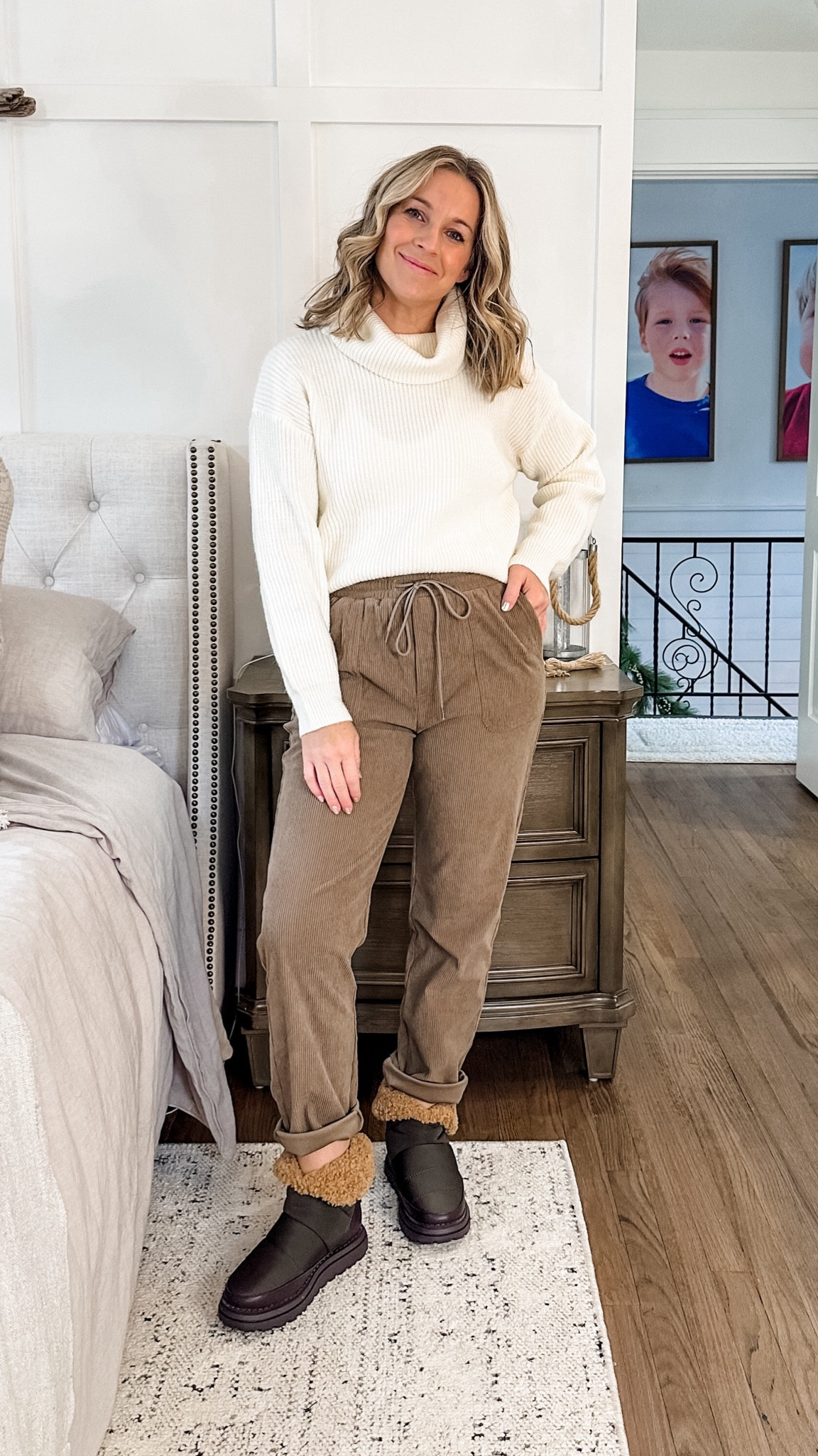 A cozy cabin outfit. Love a chunky oversized sweater with these corduroys. They can be rolled or left down making them perfect for various heights. I’m in a medium in both and tts boots which are size a nice change from the typical Ugg! 

#LTKstyletip #LTKfindsunder100 #LTKmidsize