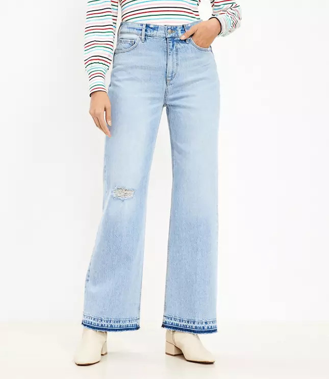 Unpicked Hem High Rise Wide Leg Jeans in Authentic Light Indigo Wash | LOFT