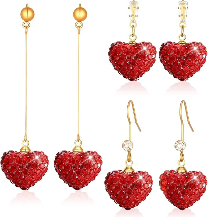 Red Heart Drop Earrings for Women, Sparkling Full-Crystal Valentine's Heart Dangle Earrings, Gold... | Amazon (US)