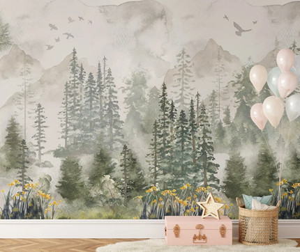 Winter Forest Mural Boy Nursery Watercolors