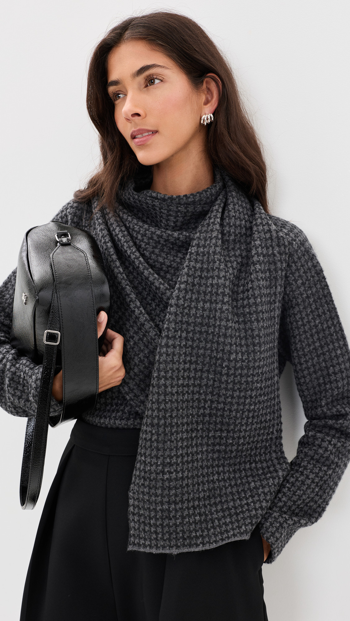 Vince Draped Scarf Houndstooth Sweater Grey Combo XXS | Shopbop