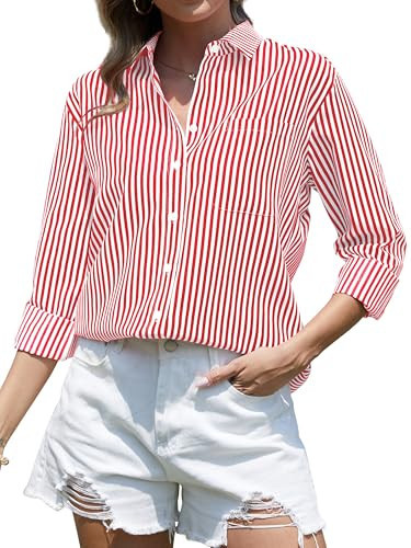 CUNLIN Red and White Striped Shirt Women Dress Shirts for Long Sleeve Dressy Casual Blouses Womens Tops Button Down Up Red Size XS | Amazon (US)