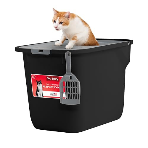 IRIS USA Large Cat Litter Box Top Entry with Lid, Enclosed Litter Box with Litter Catching Lid & Scoop, Covered Cat Litter Box Enclosure for Privacy, High Sided, Black/Gray | Amazon (US)