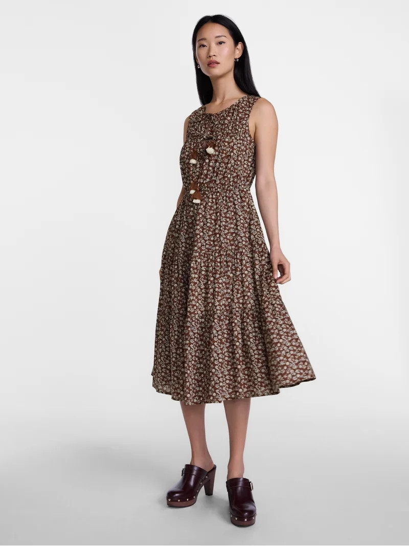 Scenario Women's and Women's Plus Sleeveless Tie Neck Tiered Midi Dress, Sizes XS-4X | Walmart (US)