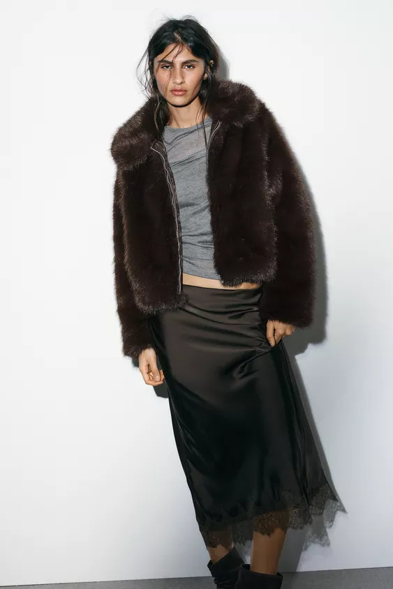 SATIN EFFECT LACE MIDI SKIRT | Zara US