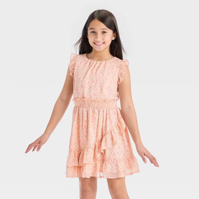 Girls' Sleeveless Chiffon Floral Ruffle Dress - Cat & Jack™ Peach Pink S | Target