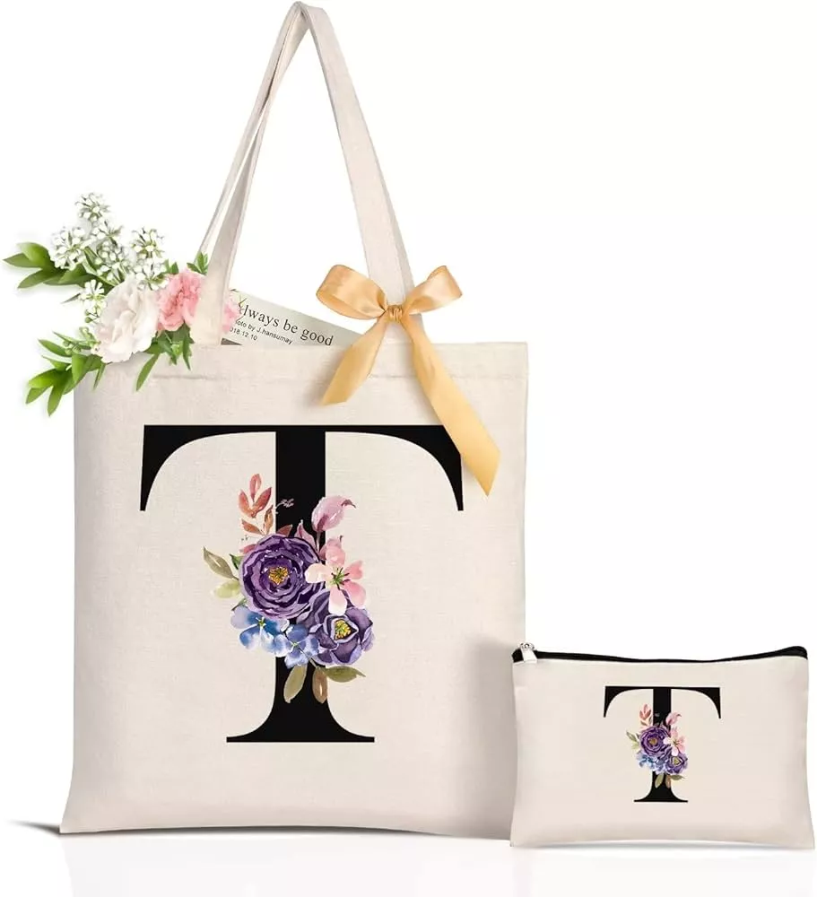 Floral Initial Canvas Tote Bag Customized Wedding Gift 