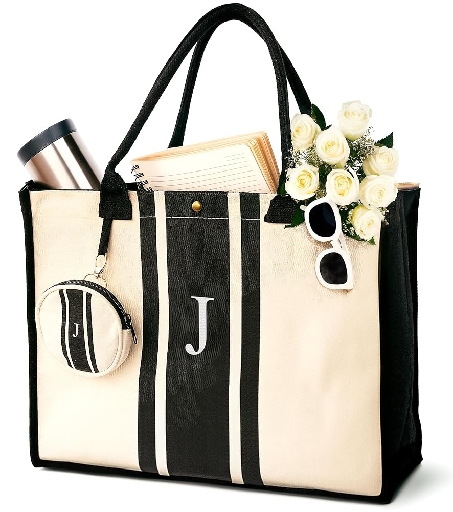 Initial Canvas Tote Bag - Embroidered Letter Beach Bag, Monogrammed Personalized Gift Bag For Wom... | Amazon (US)