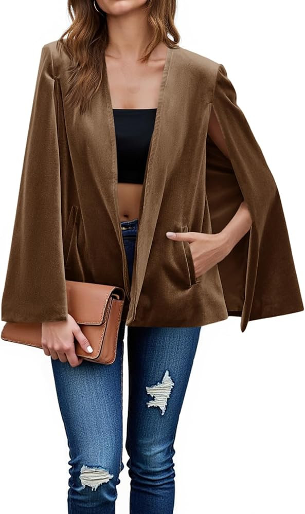 Cicy Bell Women's Velvet Cape Blazer Jackets Casual Split Long Sleeve Open Front Coat | Amazon (US)