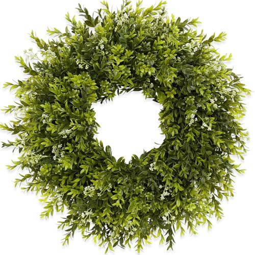 28'' Large Boxwood Wreath for Front Door Porch Window Artificial Boxwood Leaves with White Seed Greenery Outdoor Indoor Wreath for Home Farmhouse Wall Decor Spring Summer Fall All Seasons (Green) | Amazon (US)