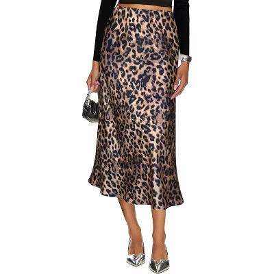 LEVEN SIXTEEN Cheetah Print Satin Midi Skirt - Women's High Waist A-Line Skirt with Elastic Waistband Animal Print Animal Print Medium | Target