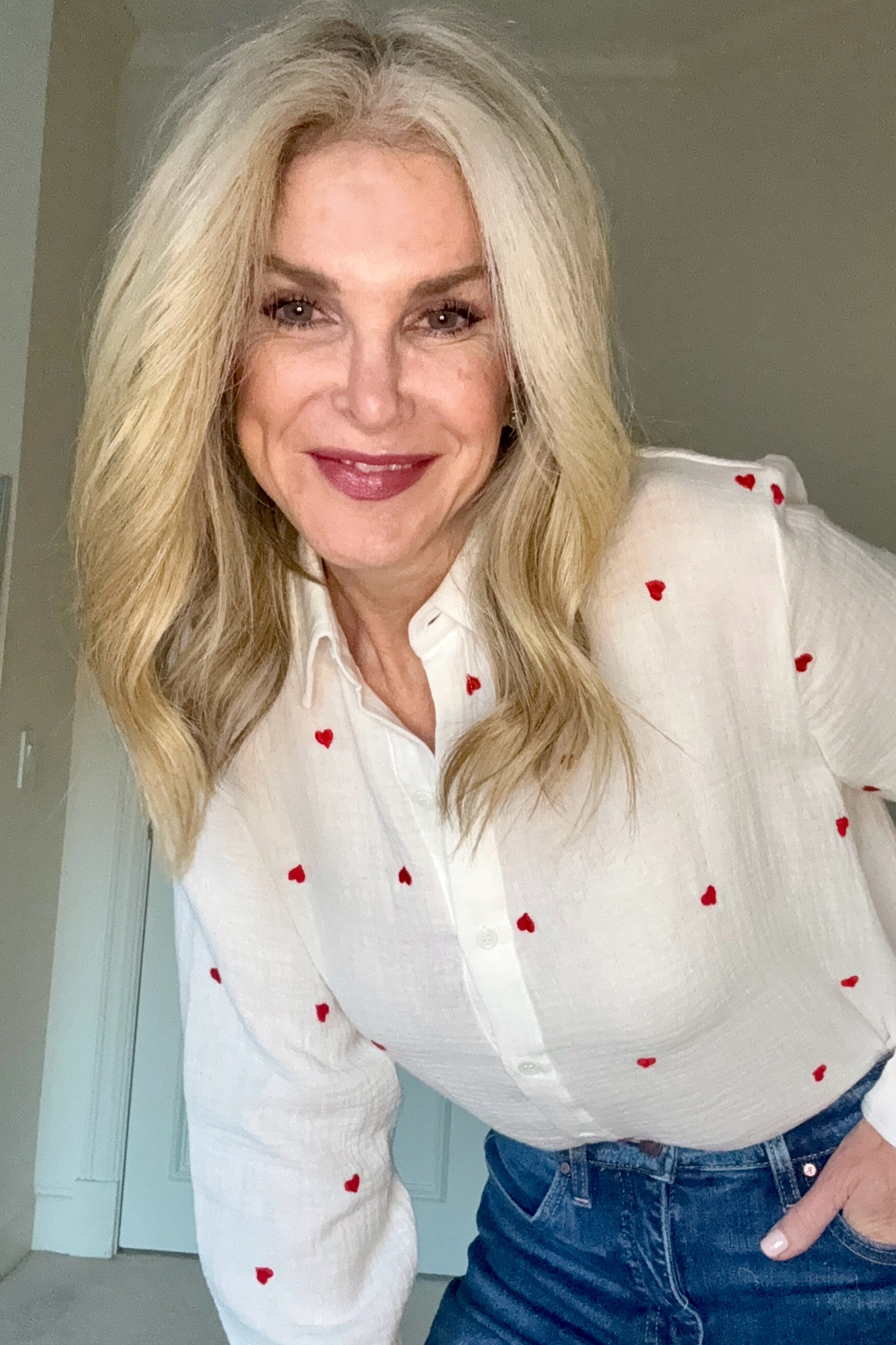 Super cute heart blouse for Valentine’s Day and more! Now on SALE with code VDAY30. 

Size S. Jeans fit TTS 

#LTKFindsUnder100 #LTKOver40 #LTKSeasonal