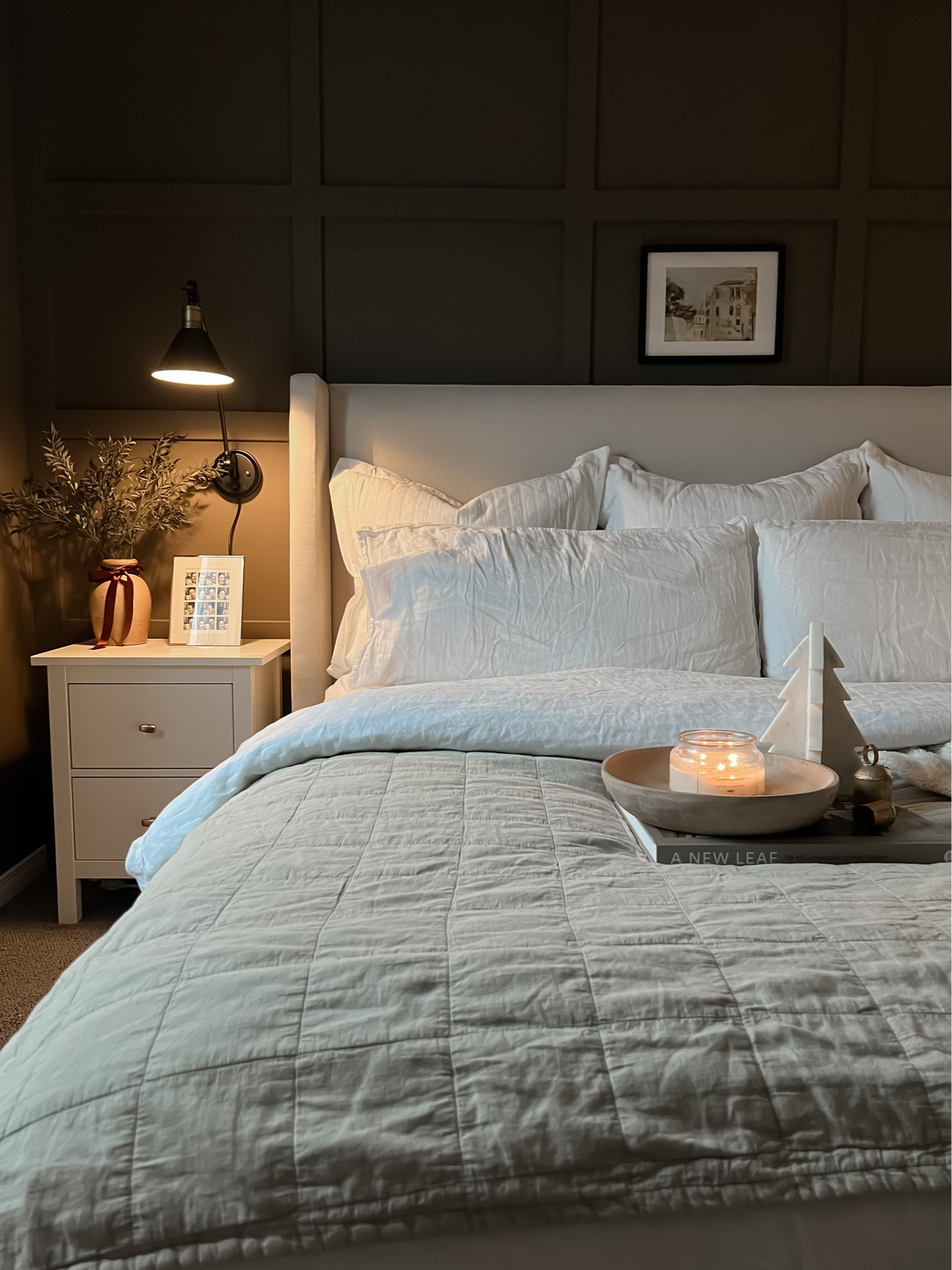 Moody bedroom, bedroom design, bedroom furniture, upholstered bed, brown bedroom, neutral bedroom, bedroom inspo, Christmas decor 

#LTKhome #LTKSeasonal