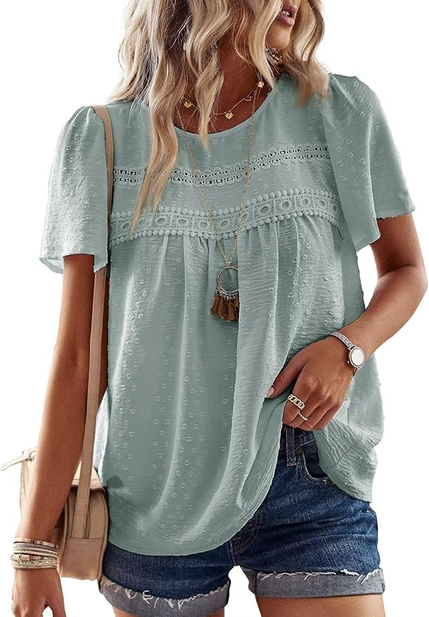 Womens Summer Tops Crewneck Short Sleeve Shirts Casual Chiffon Blouses Flowy Lace Hem Boho Clothi... | Amazon (CA)