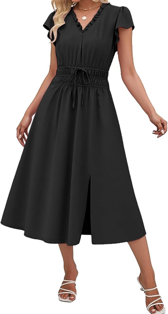 Angashion Womens Summer Midi Dresses Casual V Neck Cap Sleeve Empire Waist Elegant 2026 Flowy Sol... | Amazon (US)