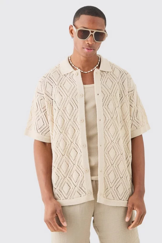 Boxy Oversized Patterned Open Stitch Knitted Shirt | boohooMAN (US & Canada)
