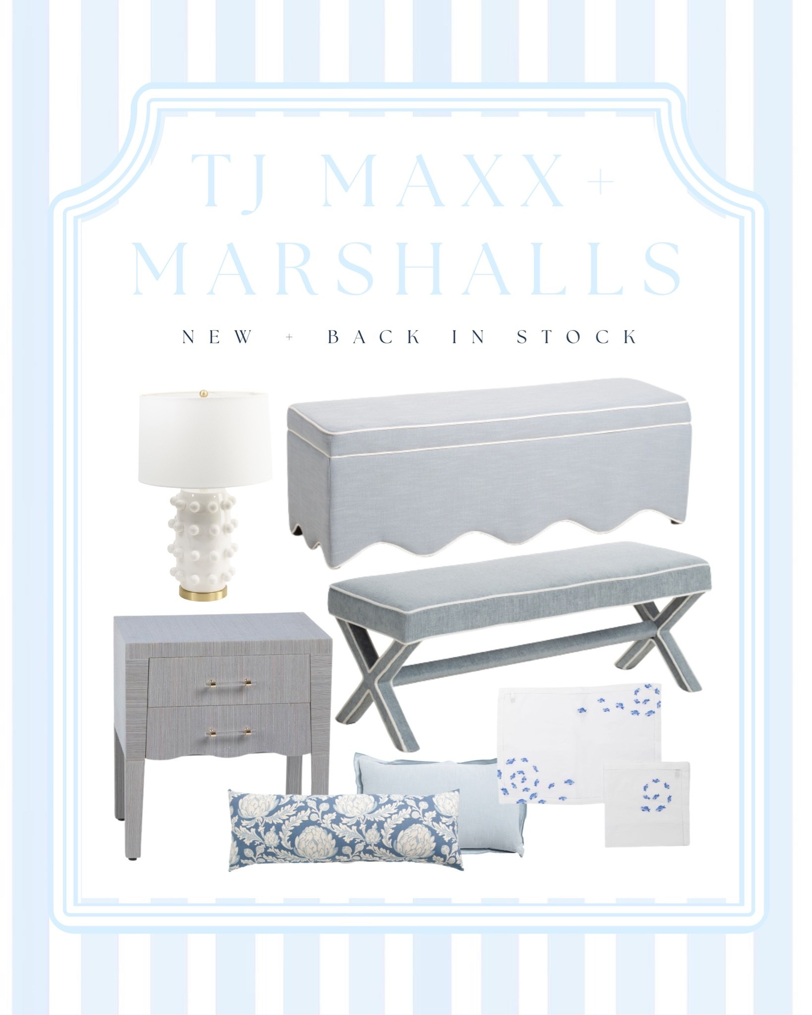 Blue & White Coastal Home Finds at TJ Maxx & Marshalls 💙🩵🤍
If you love the timeless blue-and-white coastal aesthetic, you'll want to save these TJ Maxx and Marshalls finds! From scalloped furniture and chinoiserie-inspired accents to designer-look lamps, benches, pillows, and bedding, these affordable home decor pieces bring a high-end coastal style without the luxury price tag. Many of these favorites are newly released or back in stock, so theyre worth checking for on your next shopping trip. Save this pin for your next TJ Maxx or Marshalls home decor hunt!

Coastal home decor, blue and white decor, TJ Maxx home finds, Marshalls home decor, coastal bedroom decor, grandmillennial style, scalloped furniture, designer look for less, Serena and Lily inspired decor, affordable luxury decor

@TJ Maxx @Marshalls

#LTKHome #LTKSaleAlert