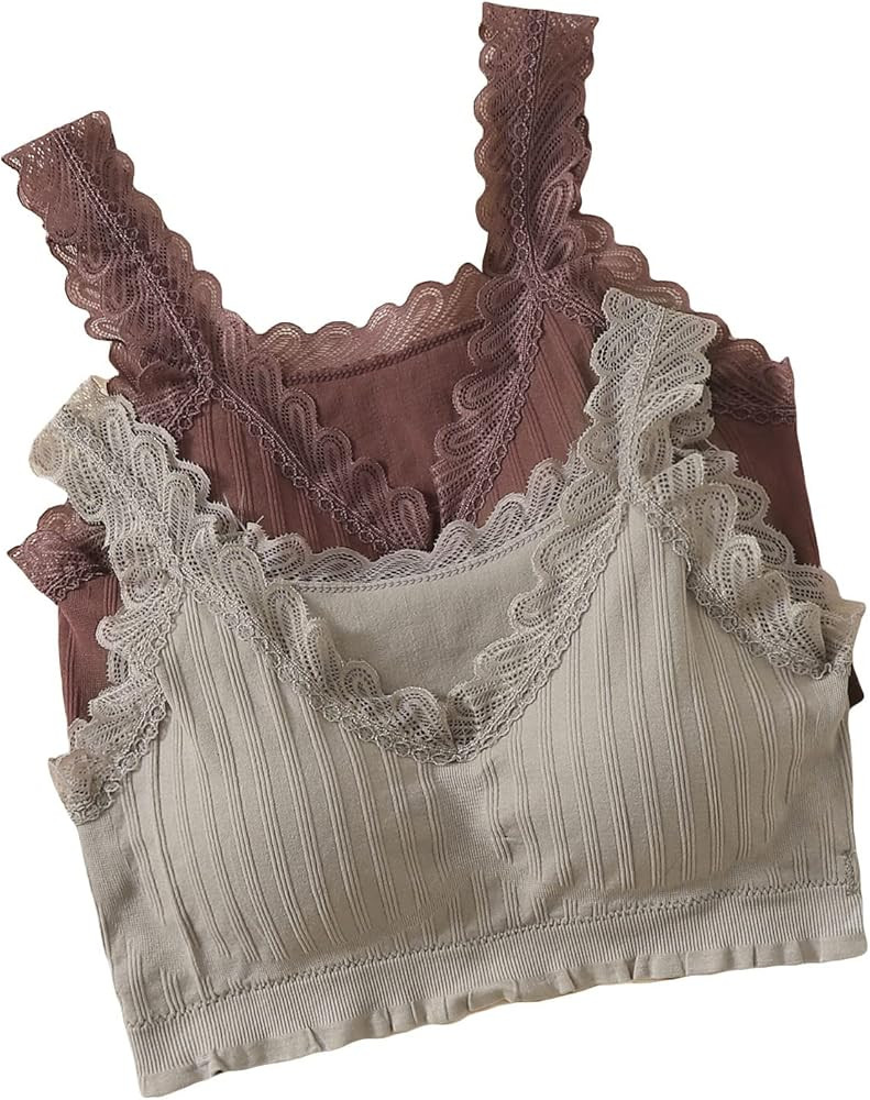 Verdusa Women's 2Pack Lace Trim Padded Wireless Bralettes Bra Camisole Top | Amazon (US)