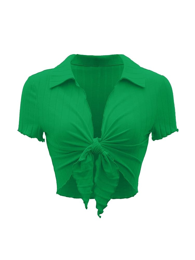 LovelyWholesale Women's Sexy Ribbed Summer Crop Top Lettuce Trim Tie Front Shirts | Amazon (US)