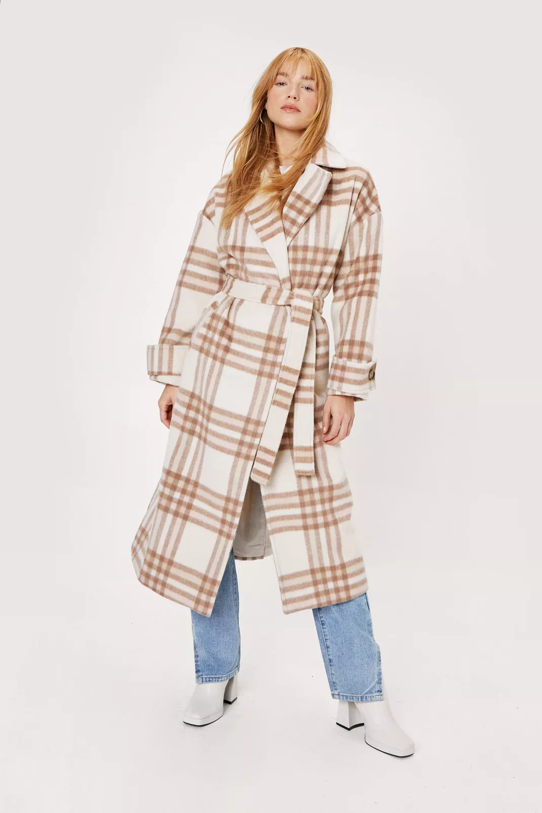 Petite Check Print Belted Longline Coat | Nasty Gal (US)