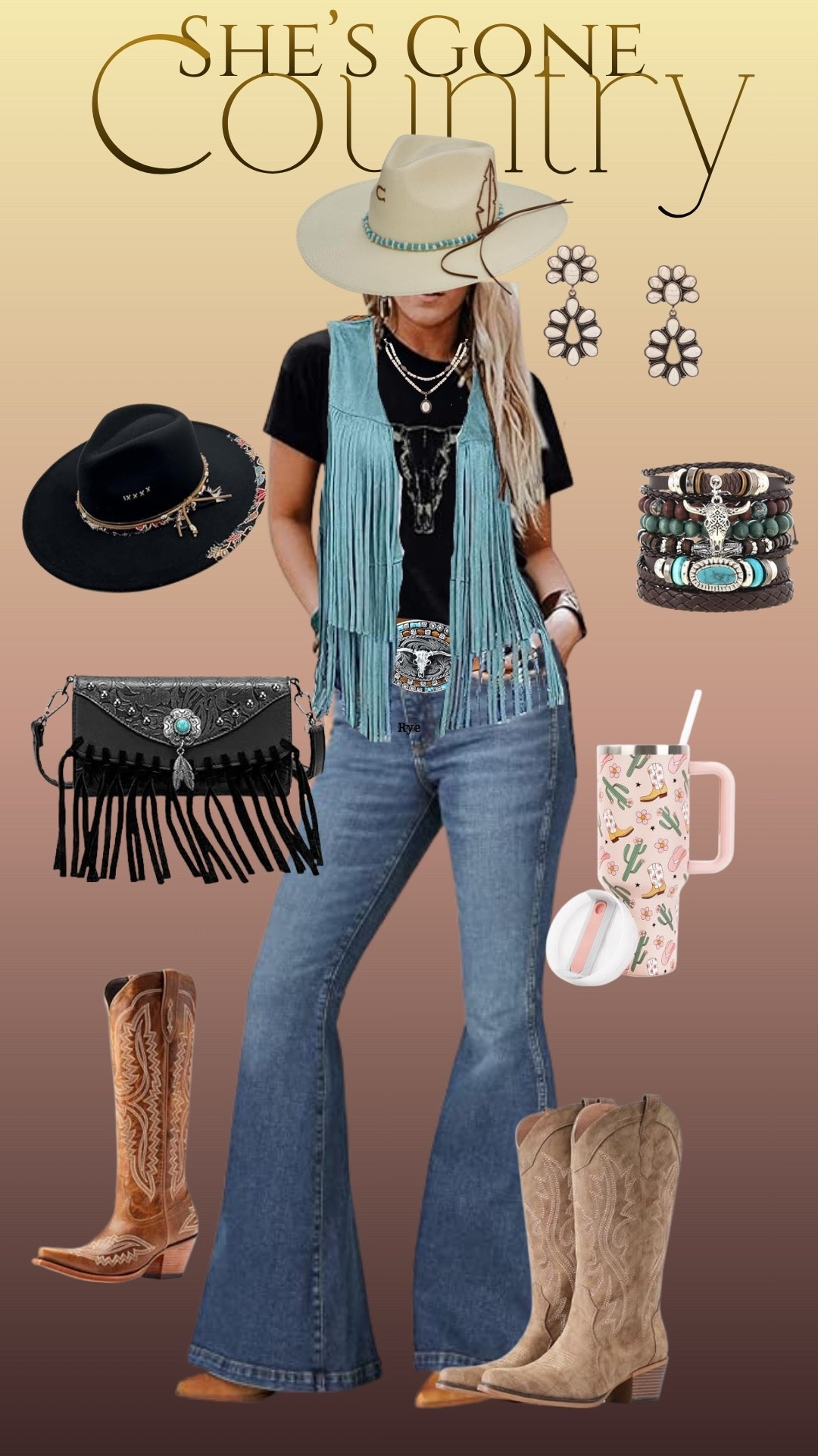 She’s gone country and I am HERE for it 🤠 Fringe, turquoise, statement silver, and flared denim create that effortless western vibe that works from rodeo nights to everyday mom life. Add a bold hat and tooled leather details for the perfect modern cowgirl look.

#westernstyle #countrychic #cowgirlstyle #turquoisejewelry #westernfashion 

#LTKootd #LTKTravel #LTKU