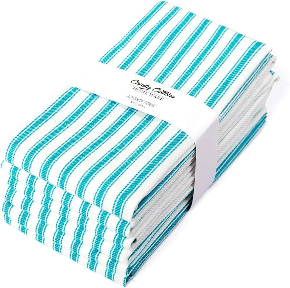 Candy Cottons Set of 6 Kitchen Dish Towels, 100% Cotton Kitchen Towels, with Hanging Loop, Dishcloth Sets for Washing & Drying Dishes, Tea Towels & Hand Towels 18x28, French Stripe, Aqua Blue | Amazon (US)