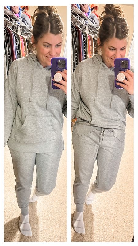 The absolute coziest jogger set! True to size (maybe runs a liiiiitle big - don’t side down, just don’t size up). Wearing a medium (I’m 5’2” and usually size 8-10!)

#LTKSeasonal #LTKhome #LTKunder50